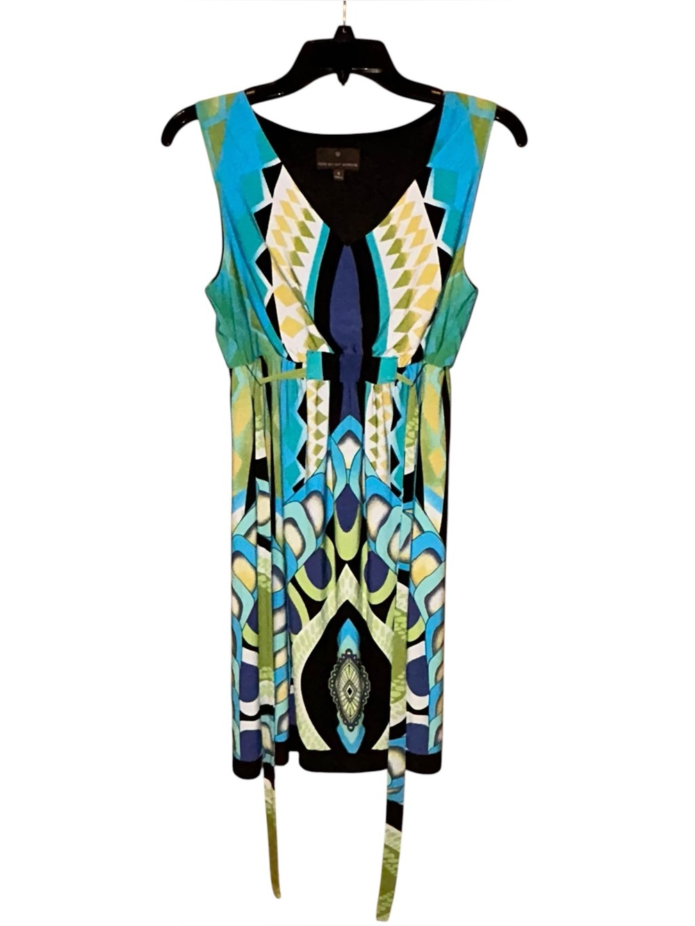 Fenn Wright Manson Sheath Dress Geometric Sleeveless 8 Blue Green Belted